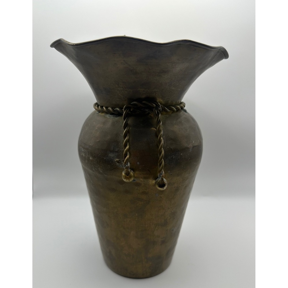 Vintage Hammered Brass Vase Ruffled Scalloped Rim Twisted Rope Detail 9 Inch
